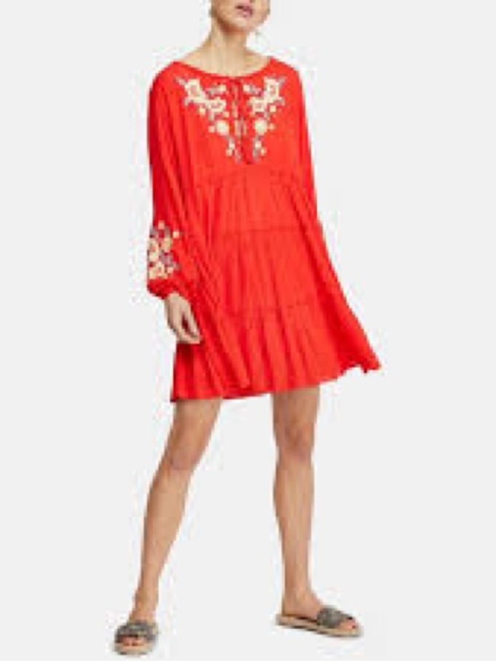 Free People Women's Bright Red Embroidered Tiered Dress
